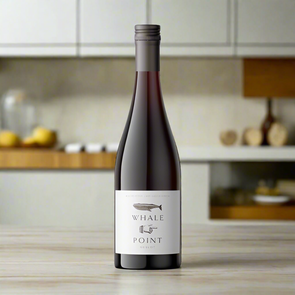 Whale Point Merlot bottle with blackberries and bay leaves on wood counter in modern kitchen