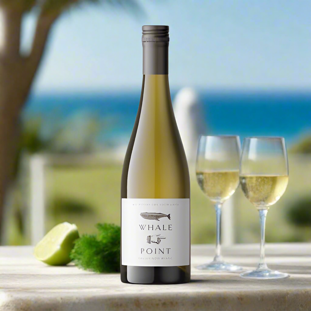 Bottle of Whale Point Sauvignon Blanc white wine with two glasses on a table with a scenic background