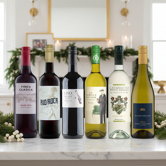 Festive Essentials Value Mixed Wine 6 Bottle Case on bright modern kitchen counter with festive greenery.