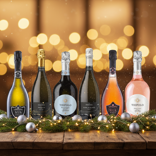 Christmas Sparkle Italian Fizz 6 Bottle Wine Case on festive table with golden lights and silver baubles.
