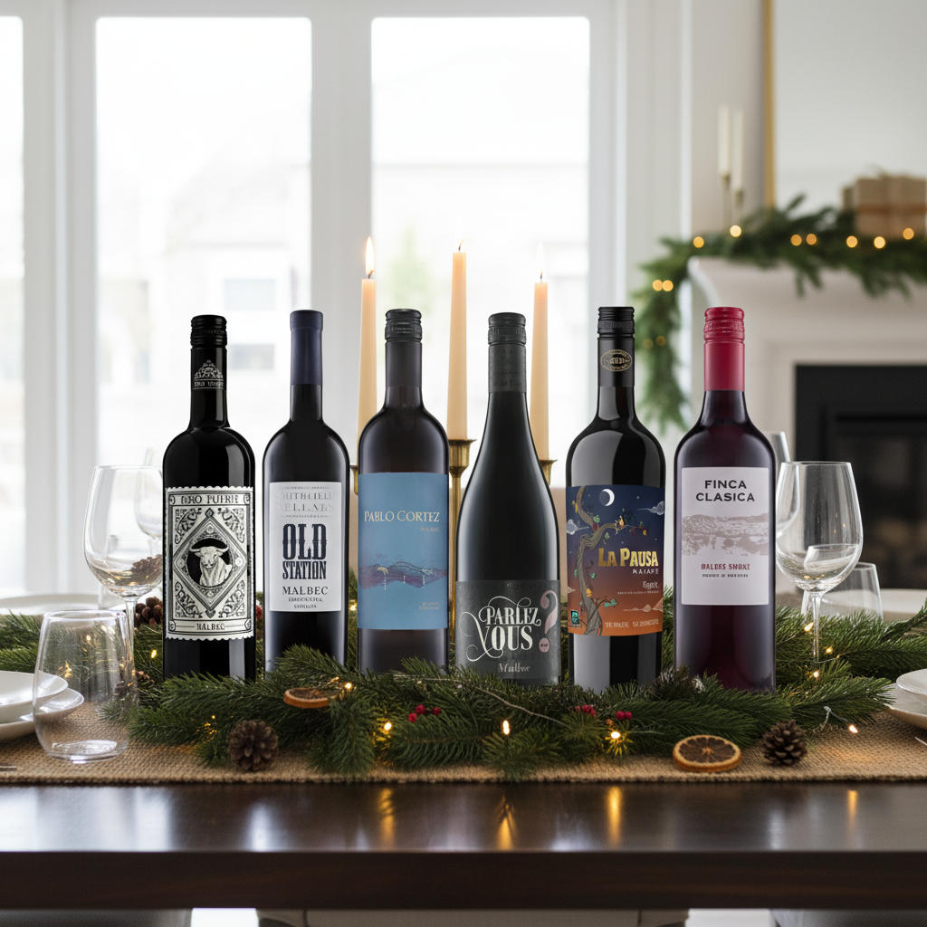 Malbec Magic for Christmas 6 Bottle Wine Case on festive dining table with candles and greenery.