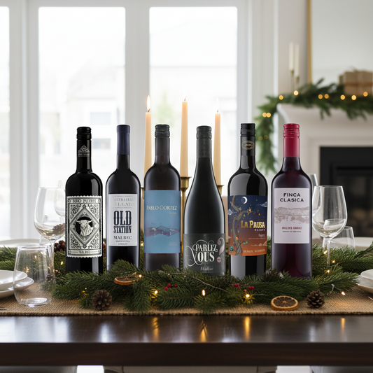 Malbec Magic for Christmas 6 Bottle Wine Case on festive dining table with candles and greenery.