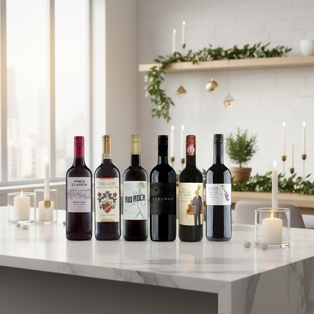 Festive Essentials Value Red Wine 6 Bottle Case on bright modern kitchen counter with festive greenery.