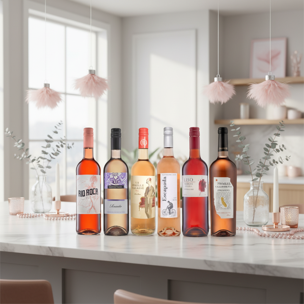 Festive Essentials Rosé 6 Bottle Wine Case on bright modern kitchen counter with pastel festive décor.
