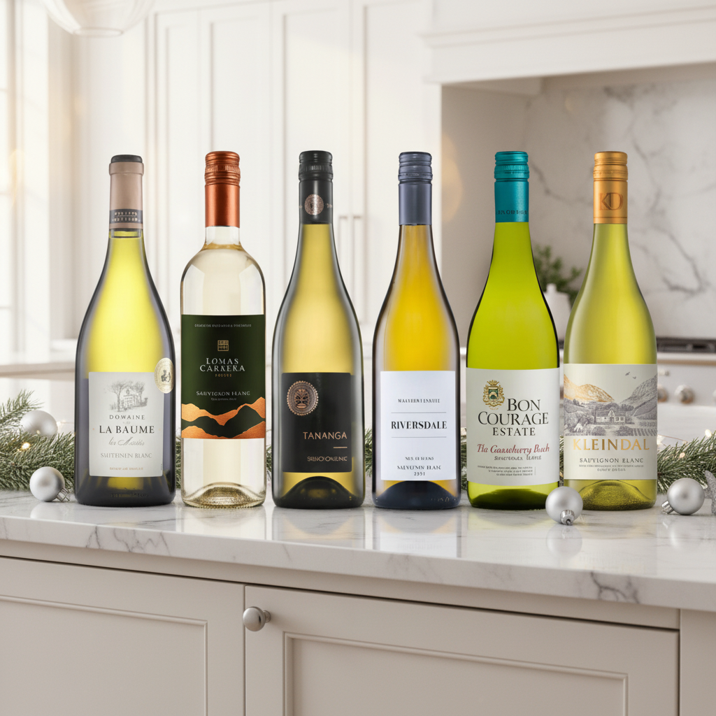 White Christmas Sauvignon Blanc 6 Bottle Wine Case on bright modern kitchen counter with silver festive décor.