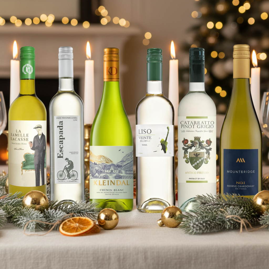 Festive Essentials Value White Wine 6 Bottle Case on bright festive table with candles and winter greenery.