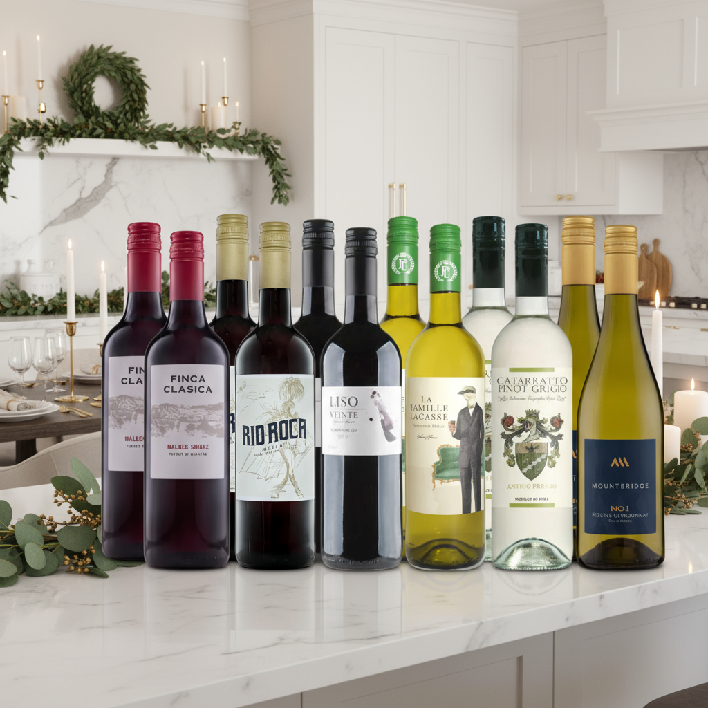 Festive Essentials Value Mixed Wine 12 Bottle Case on bright modern kitchen counter with festive greenery.