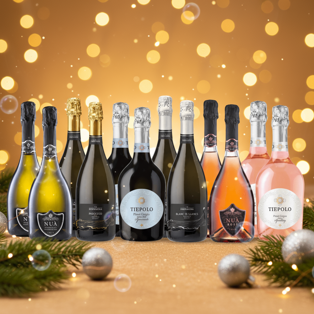Christmas Sparkle Italian Fizz 12 Bottle Wine Case on festive table with golden lights and silver baubles.