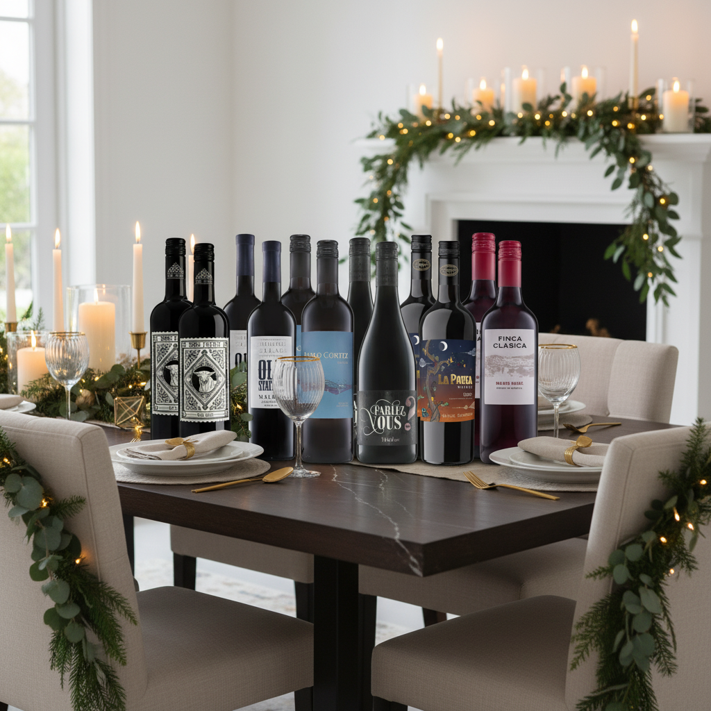 Malbec Magic for Christmas 12 Bottle Wine Case on elegant festive dining table with candles and greenery.