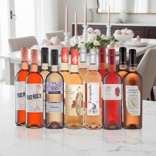 Festive Essentials Rosé 12 Bottle Wine Case on bright modern kitchen counter with pastel festive décor.
