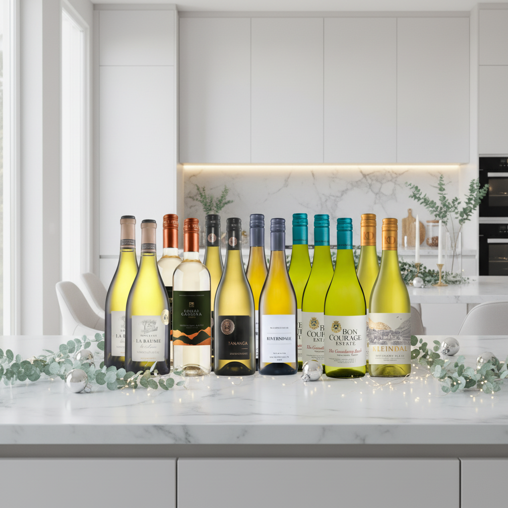 White Christmas Sauvignon Blanc 12 Bottle Wine Case on bright modern kitchen counter with silver festive décor.
