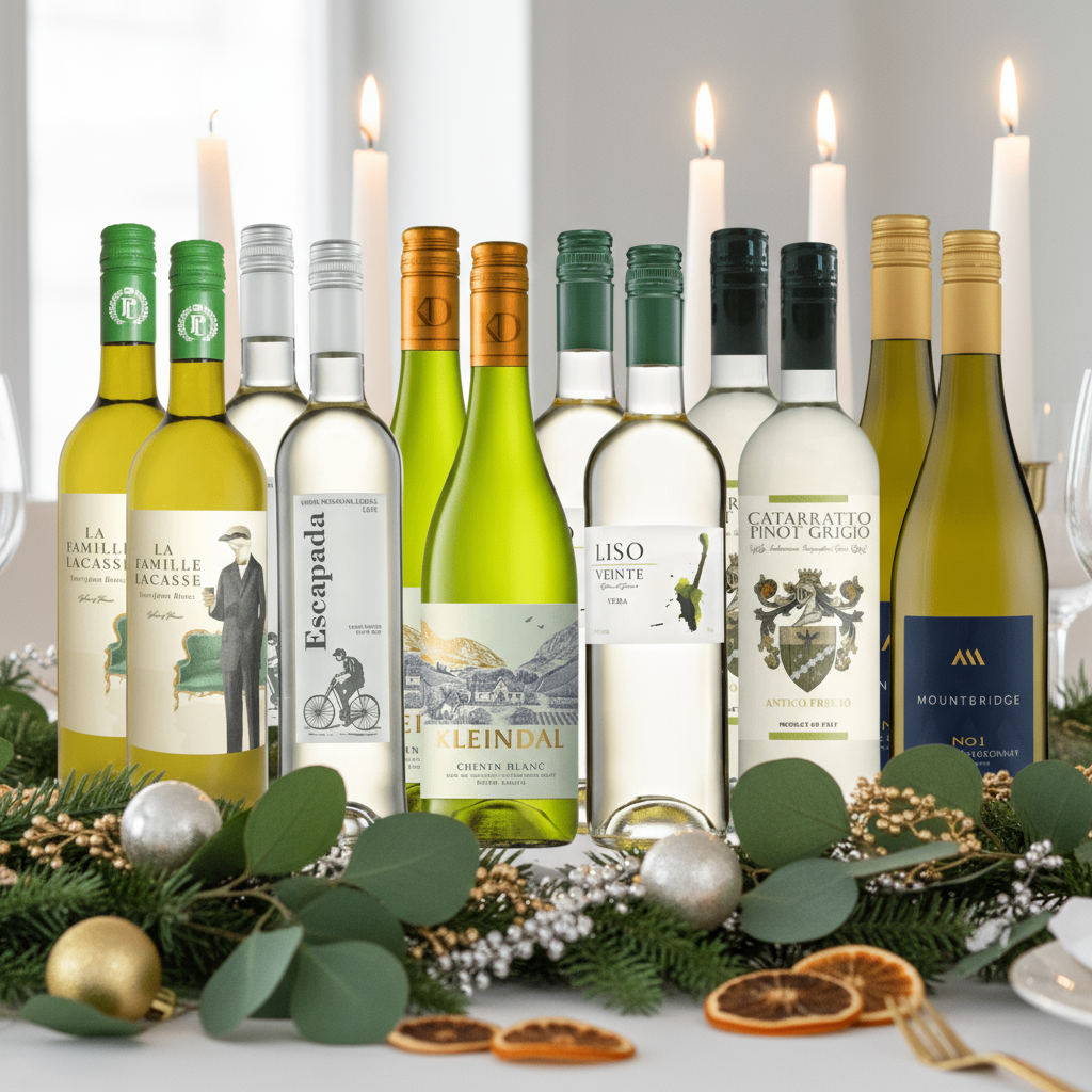Festive Essentials Value White Wine 6 Bottle Case on bright festive table with candles and winter greenery.