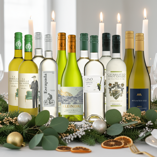 Festive Essentials Value White Wine 6 Bottle Case on bright festive table with candles and winter greenery.