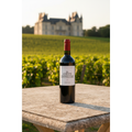 Anseillan from Chateau Lafite Rothschild displayed on a stone table overlooking a Bordeaux vineyard estate in warm afternoon sunlight.