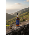 Blandy’s Verdelho 10 Year Old Madeira wine bottle displayed on a stone terrace overlooking Madeira’s terraced vineyards and the Atlantic Ocean.