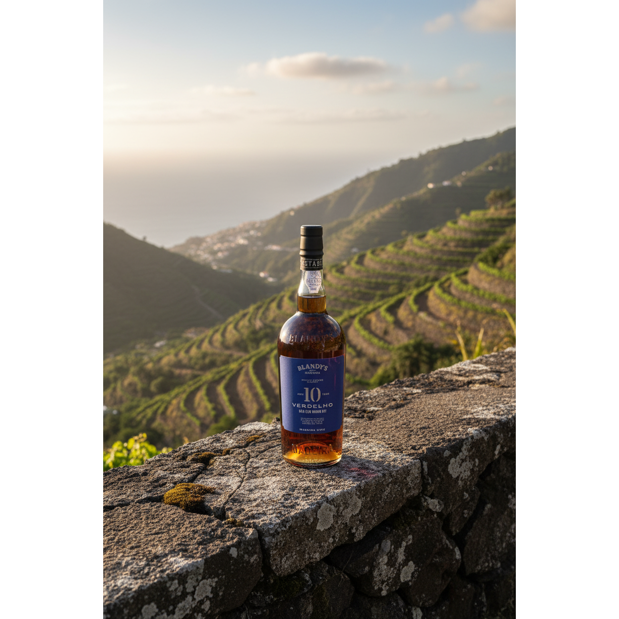 Blandy’s Verdelho 10 Year Old Madeira wine bottle displayed on a stone terrace overlooking Madeira’s terraced vineyards and the Atlantic Ocean.