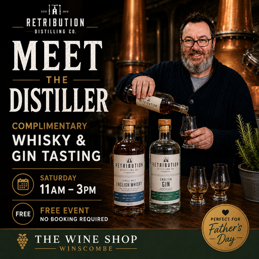 Meet the Distiller event poster featuring Richard from Retribution Distillery pouring English whisky alongside Retribution whisky and gin bottles. Complimentary whisky and gin tasting, Saturday 11am–3pm at The Wine Shop, Winscombe.