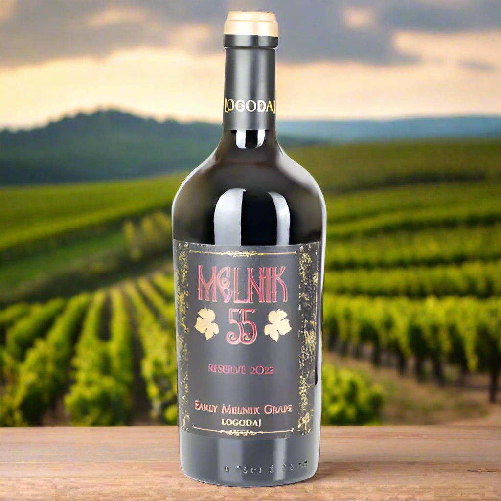 Logodaj Winery Melnik 55 Reserve bottle on a terrace with herbs and vineyard hills in warm afternoon light