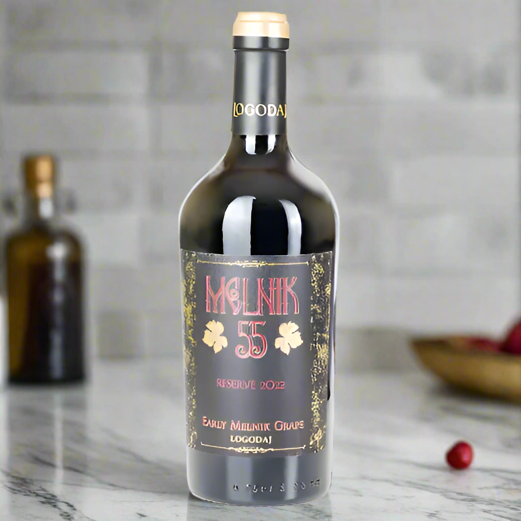 Logodaj Winery Melnik 55 Reserve bottle on marble island with olives and pomegranate in modern kitchen