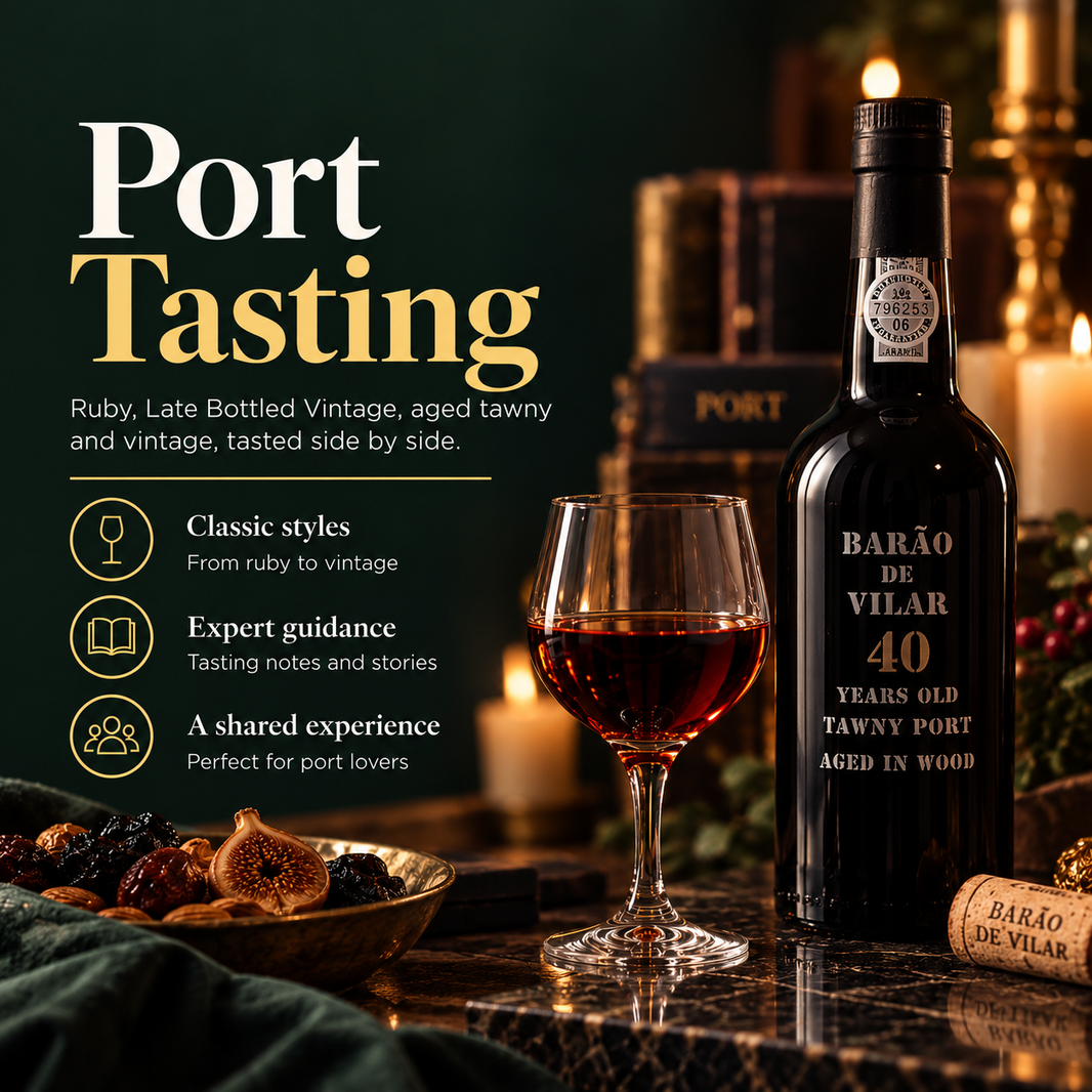 Port Wine Tasting at The Wine Shop in Winscombe, featuring ruby, LBV, aged tawny and vintage Port.