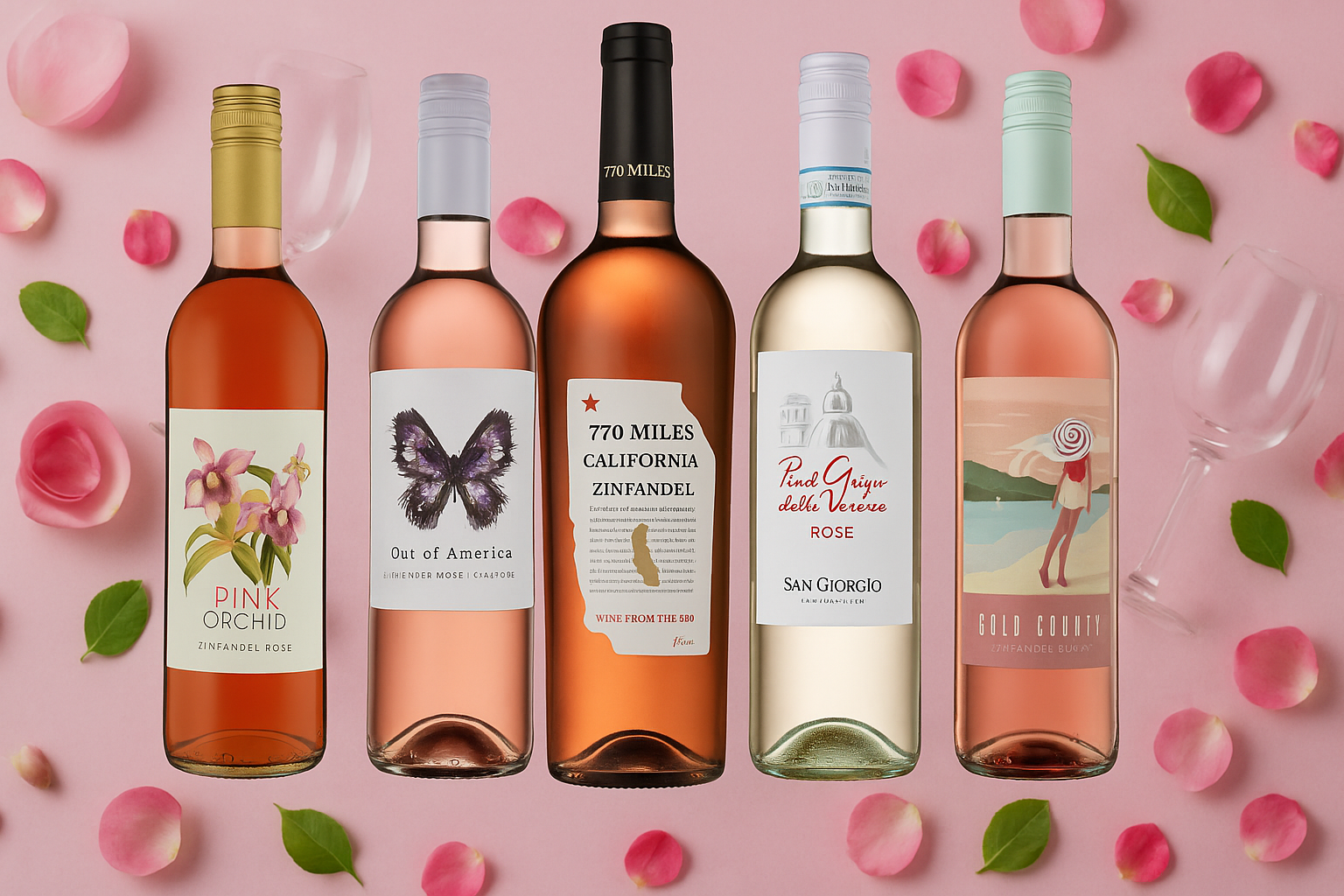 Five bottles of rosé and white wine on pink background with petals and glasses, including Zinfandel and Pinot Grigio Rosé.