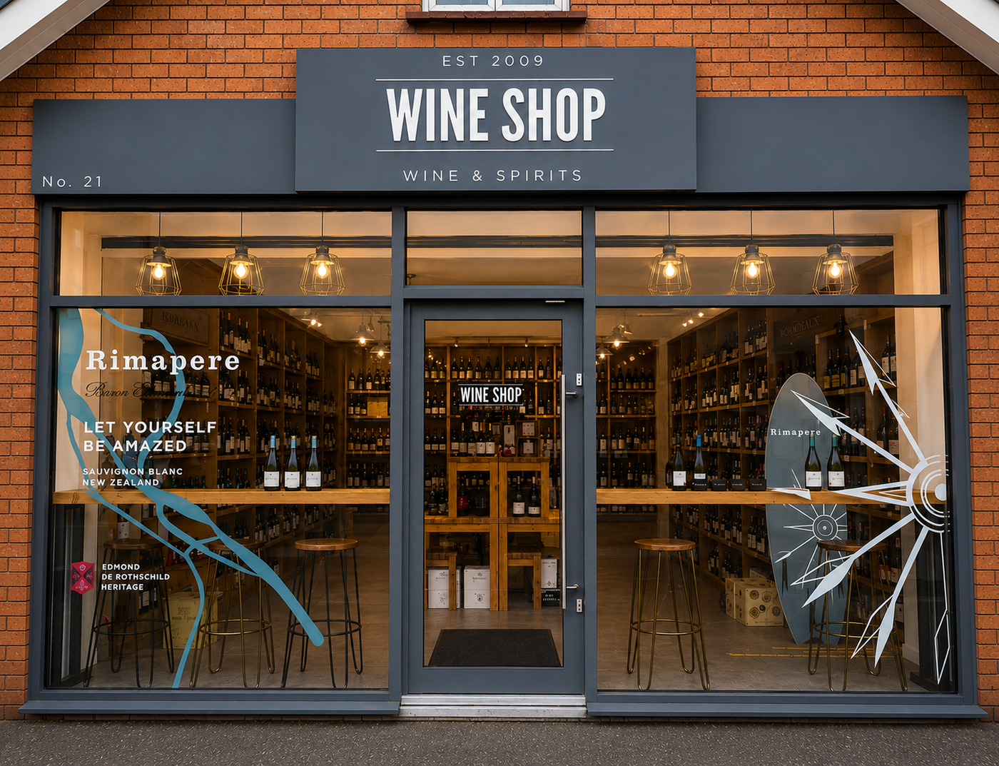 The Wine Shop, an independent wine merchant in Winscombe, Somerset, with a modern storefront offering wine, spirits and local wine tasting events.
