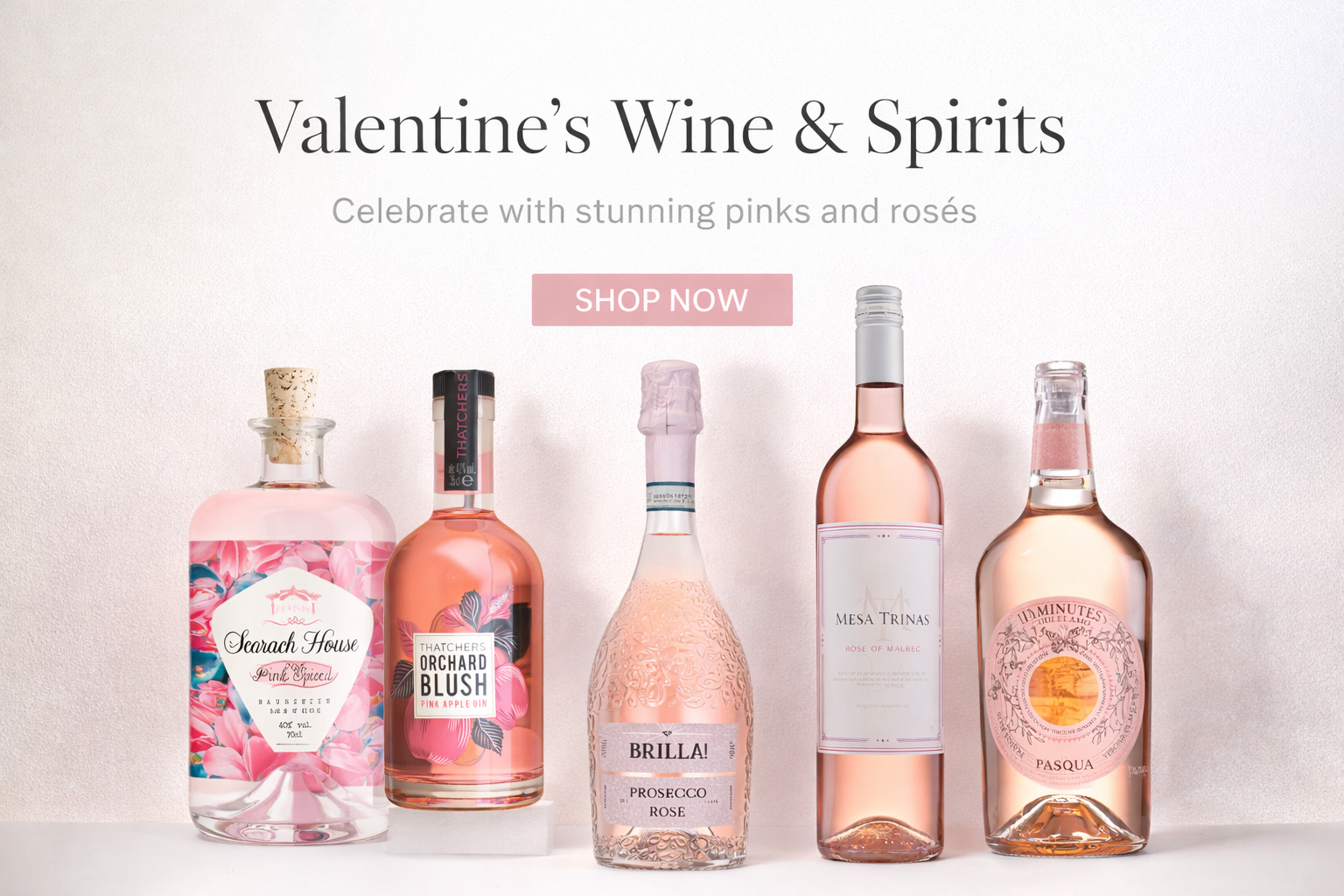 Valentine’s Day banner featuring pink gin, rosé wine and Prosecco bottles from The Wine Shop
