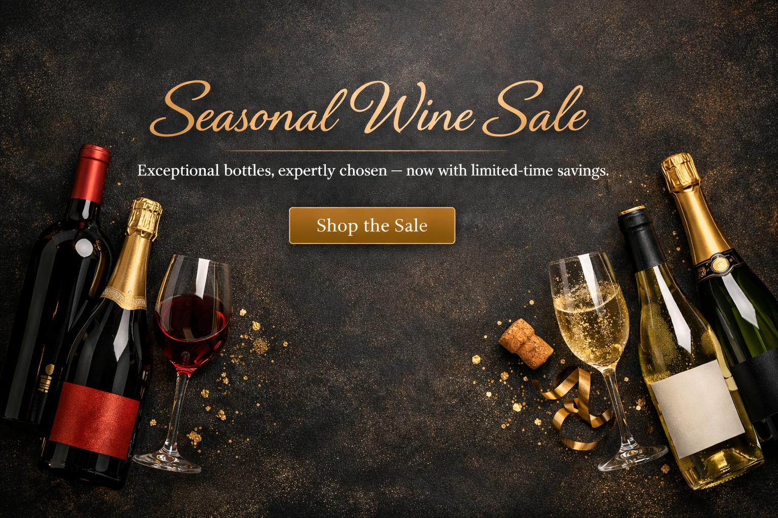 Wine bottles and glasses on a dark surface with 'Seasonal Wine Sale' text.