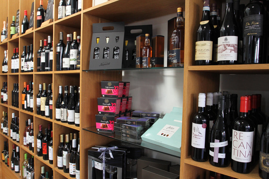 Shelves of wine, spirits, gift boxes and chocolates at The Wine Shop, Winscombe